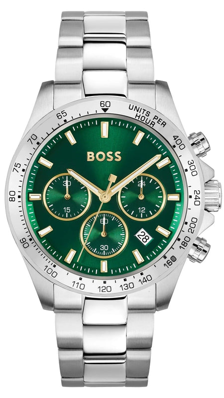 Hugo Boss Hero Chronograph Green Dial Silver Steel Strap Watch for Men - 1514217