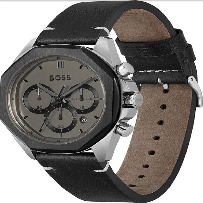 Hugo Boss Cloud Chronograph Grey Dial Black Leather Strap Watch for Men - 1514014