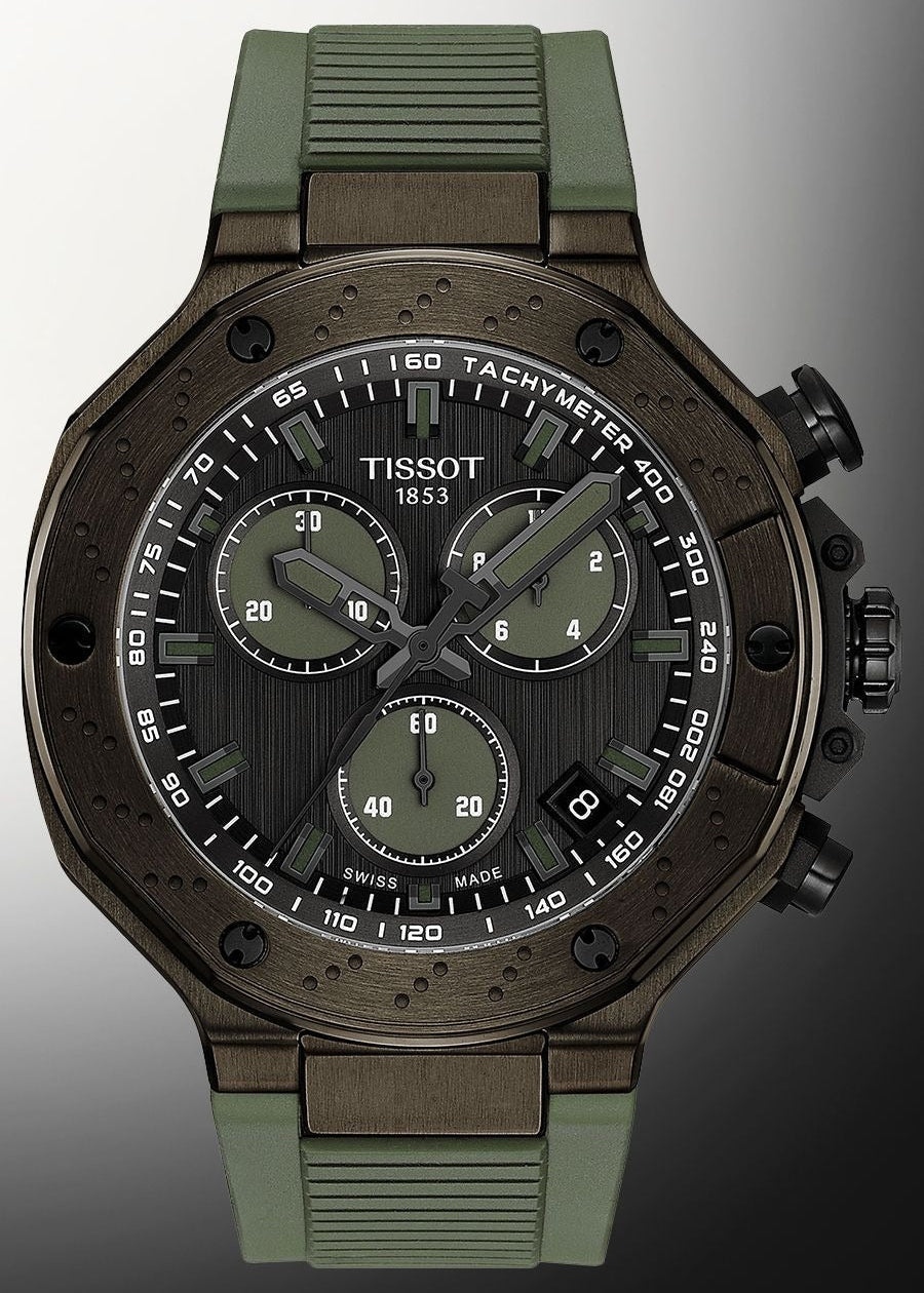 Tissot T Race Chronograph Black Dial Green Rubber Strap Watch for Men - T141.417.37.061.02