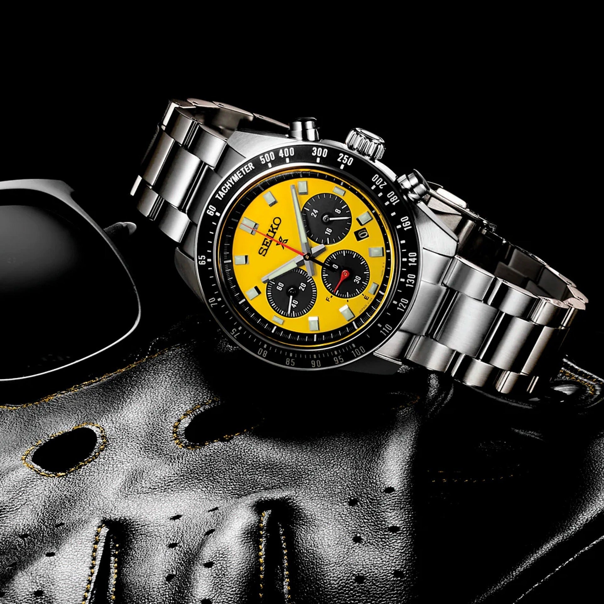 Seiko Prospex Speedtimer Solar Chronograph Yellow Dial Silver Steel Strap Watch for Men - SSC929