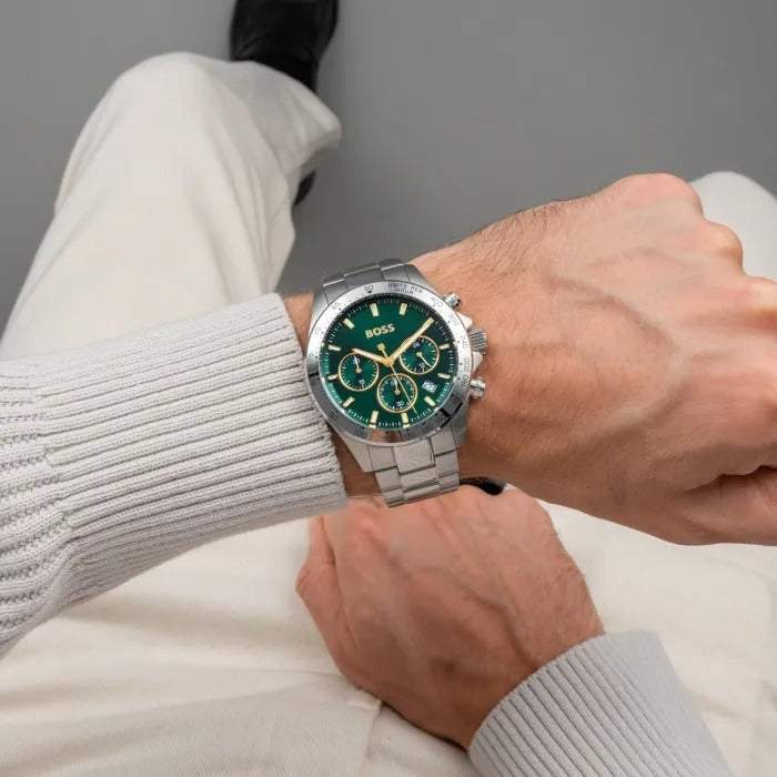 Hugo Boss Hero Chronograph Green Dial Silver Steel Strap Watch for Men - 1514217