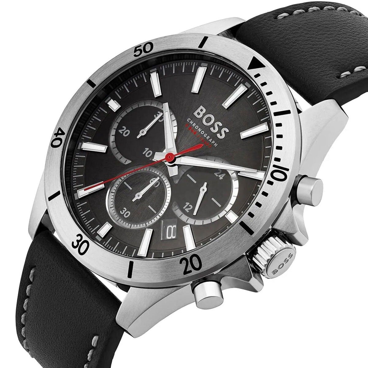 Hugo Boss Troper Chronograph Black Dial Black Leather Strap Watch for Men - 1514055