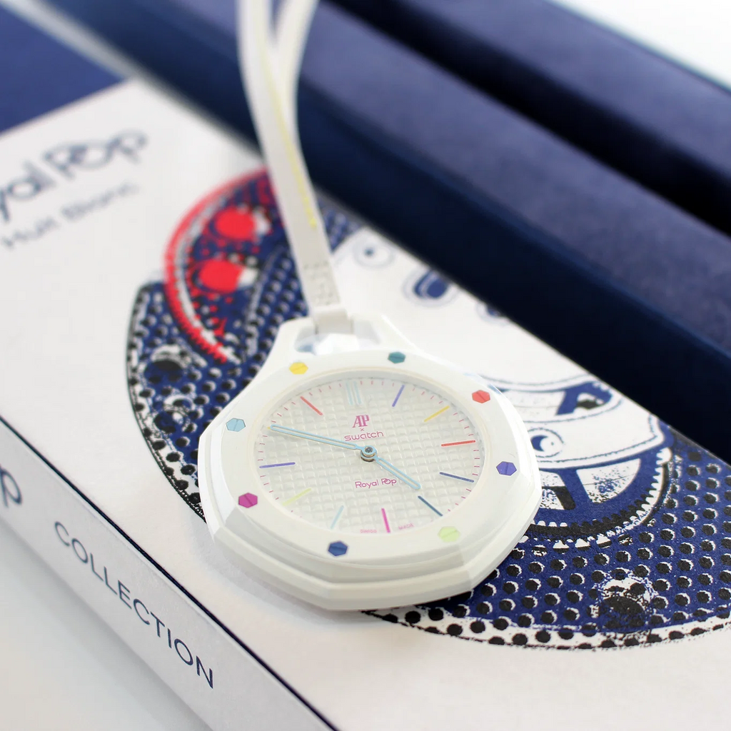 Swatch Royal Pop White Dial White Leather Strap Watch for Men - Huit Blanc