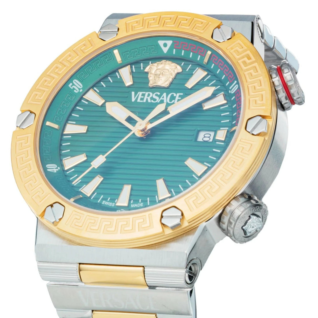 Versace Greca Logo Diver Quartz Green Dial Two Tone Steel Strap Watch for Men - VE8G00524
