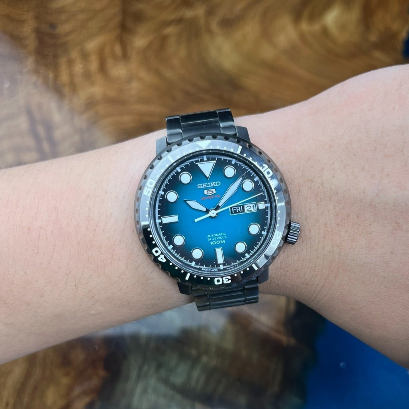 Seiko 5 Sports Automatic Turquoise Dial Grey Steel Strap Watch for Men - SRPC65J1