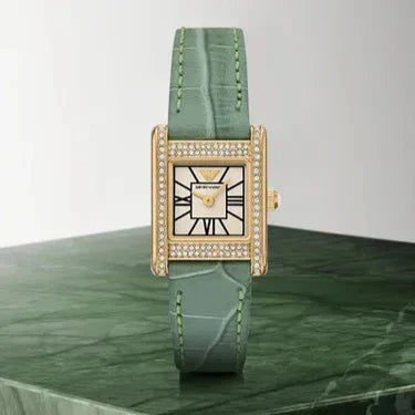 Emporio Armani Classic White Dial Green Leather Strap Watch for Women - AR11661