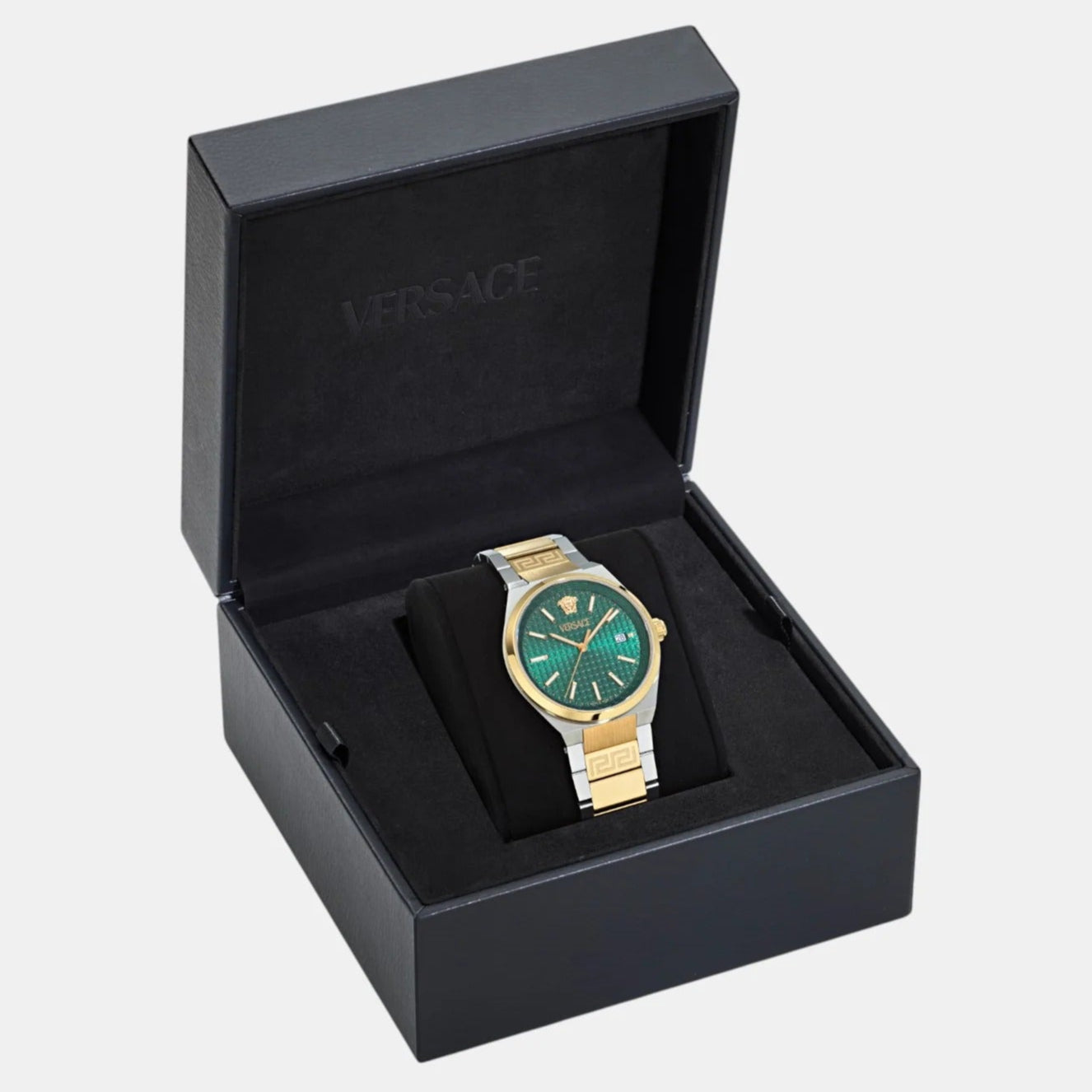 Versace V-Auria Quartz Green Dial Two Tone Steel Strap Watch for Men - VE0F00425