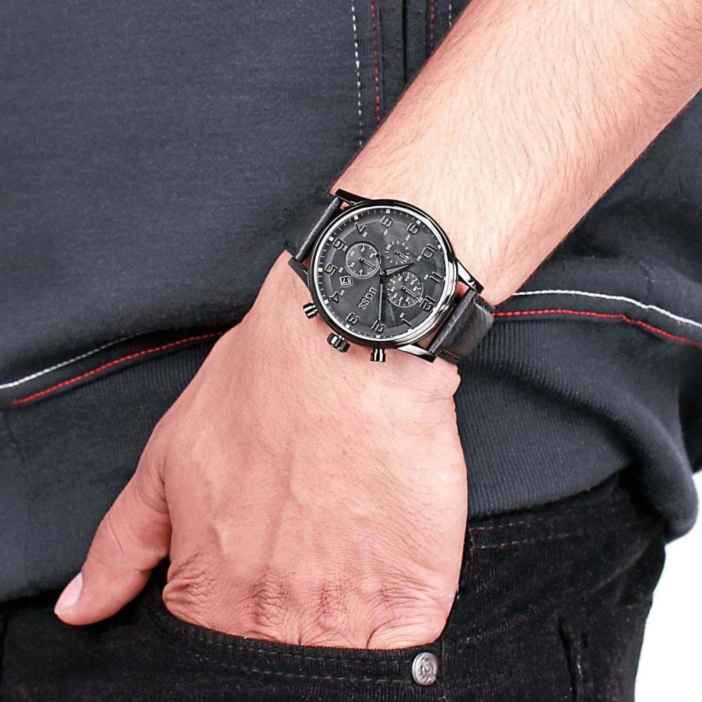Hugo Boss Aeroliner Chronograph Black Dial Black Leather Strap Watch for Men - 1512567