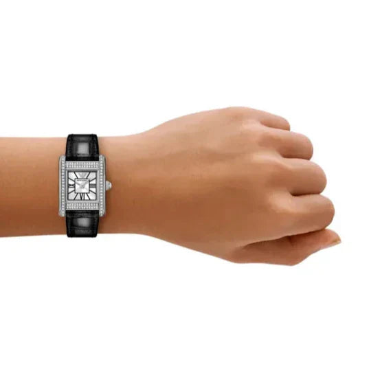 Emporio Armani Classic Crystals Silver Dial Black Leather Strap Watch for Women - AR11660