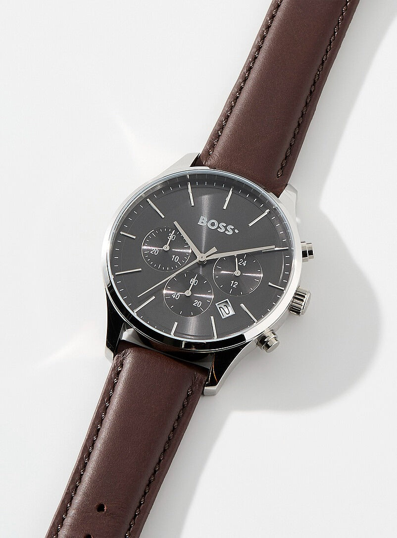 Hugo Boss Avery Chronograph Grey Dial Brown Leather Strap Watch for Men - 1514155