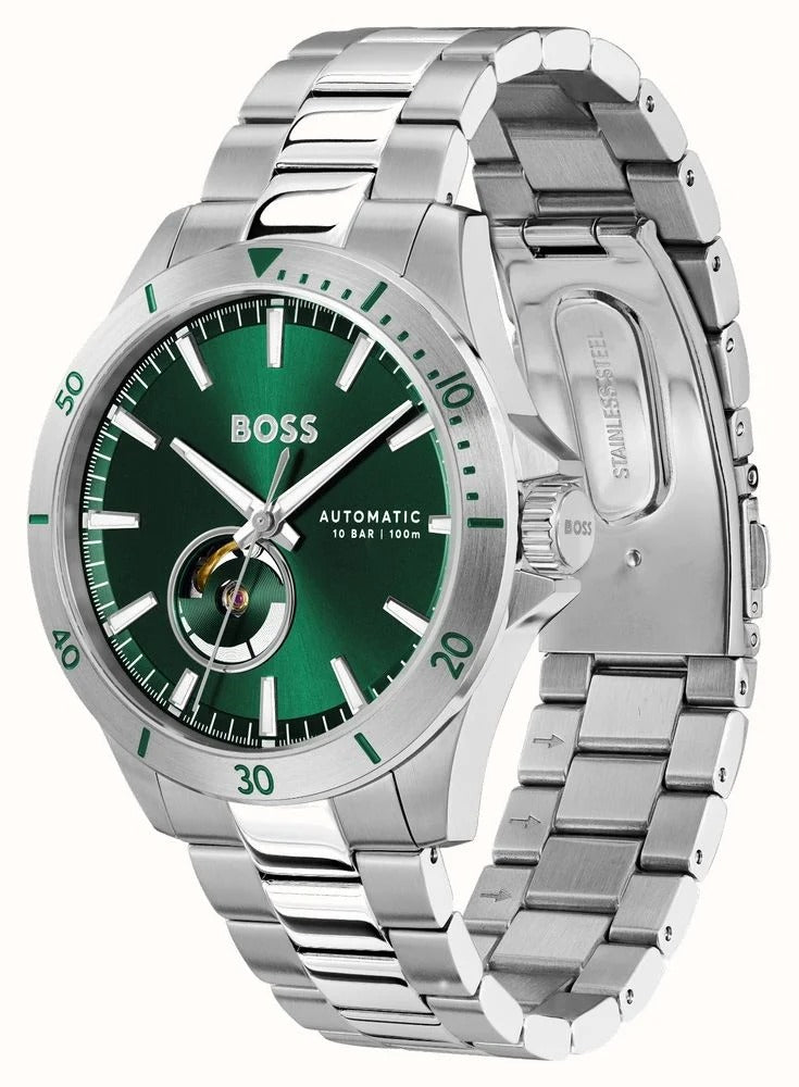 Hugo Boss Troper Automatic Chronograph Green Dial Silver Steel Strap Watch for Men - 1514200