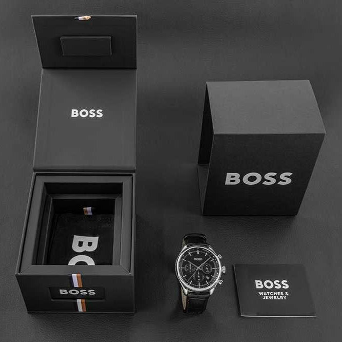 Hugo Boss Gregor Chronograph Black Dial Black Leather Strap Watch for Men - 1514049