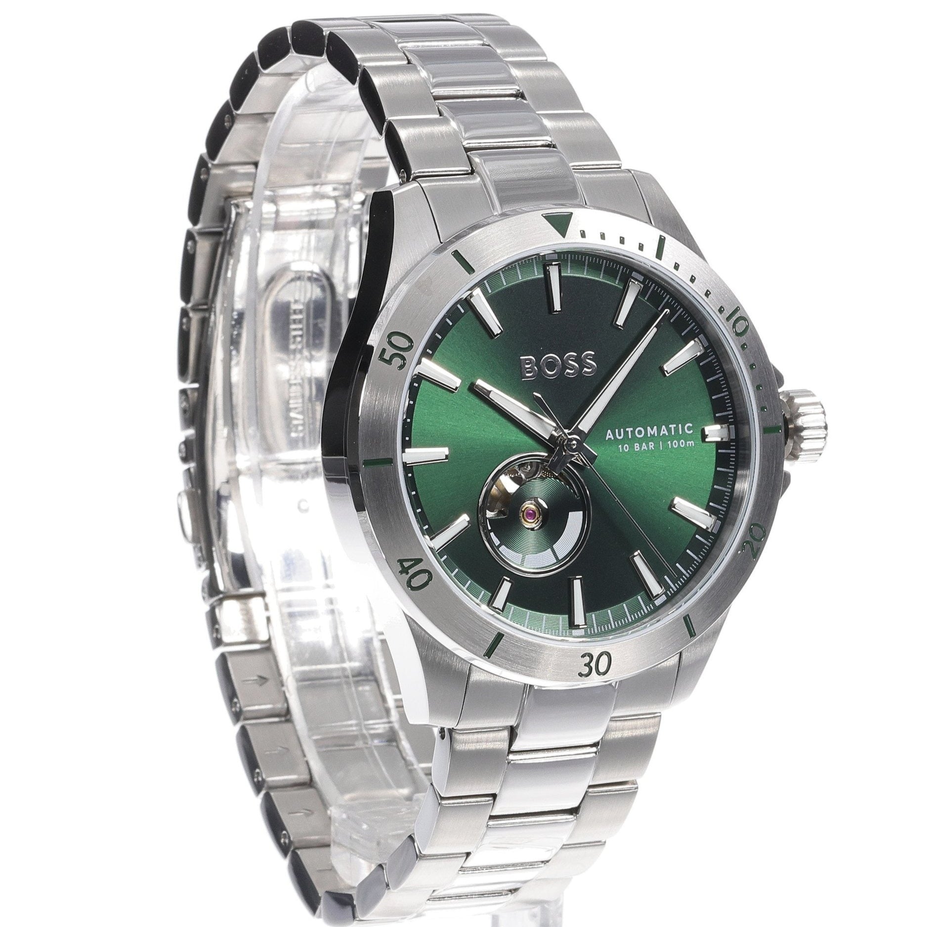 Hugo Boss Troper Automatic Chronograph Green Dial Silver Steel Strap Watch for Men - 1514200