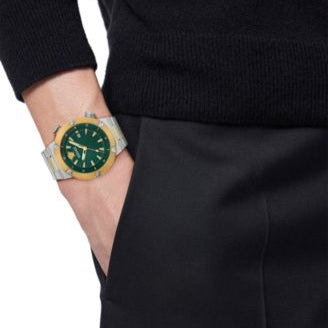 Versace Greca Logo Diver Quartz Green Dial Two Tone Steel Strap Watch for Men - VE8G00524