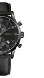 Hugo Boss Aeroliner Chronograph Black Dial Black Leather Strap Watch for Men - 1512567
