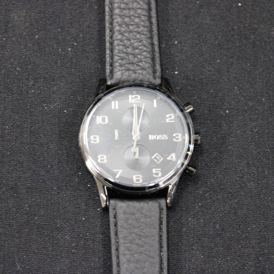 Hugo Boss Aeroliner Chronograph Black Dial Black Leather Strap Watch for Men - 1512567