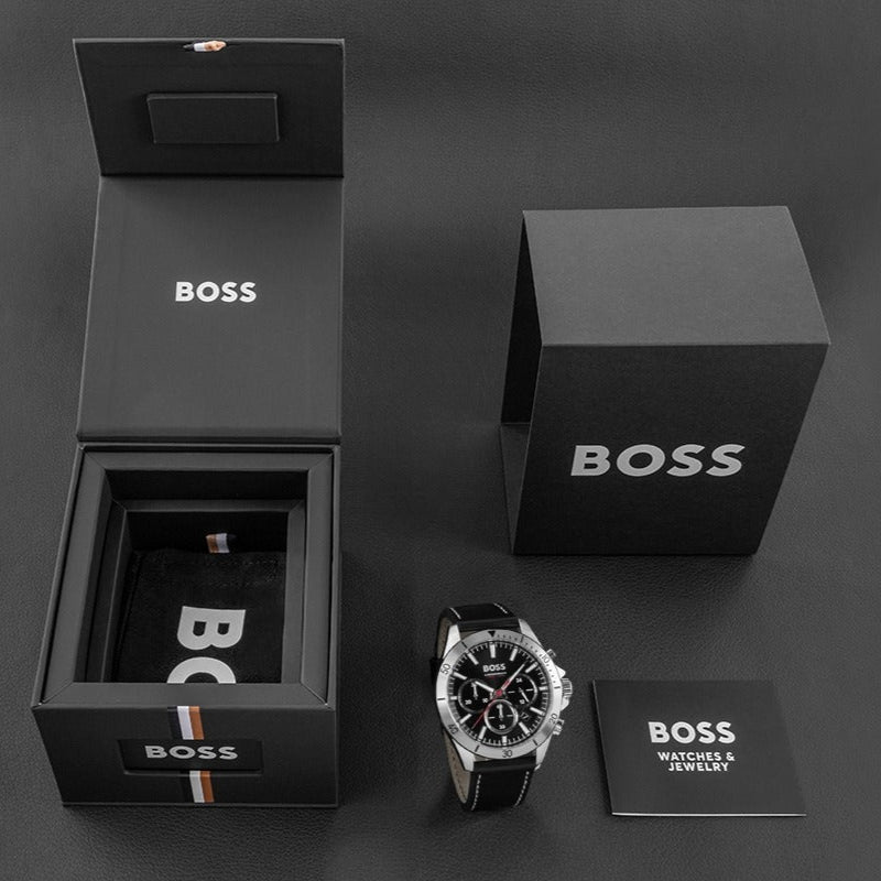 Hugo Boss Troper Chronograph Black Dial Black Leather Strap Watch for Men - 1514055