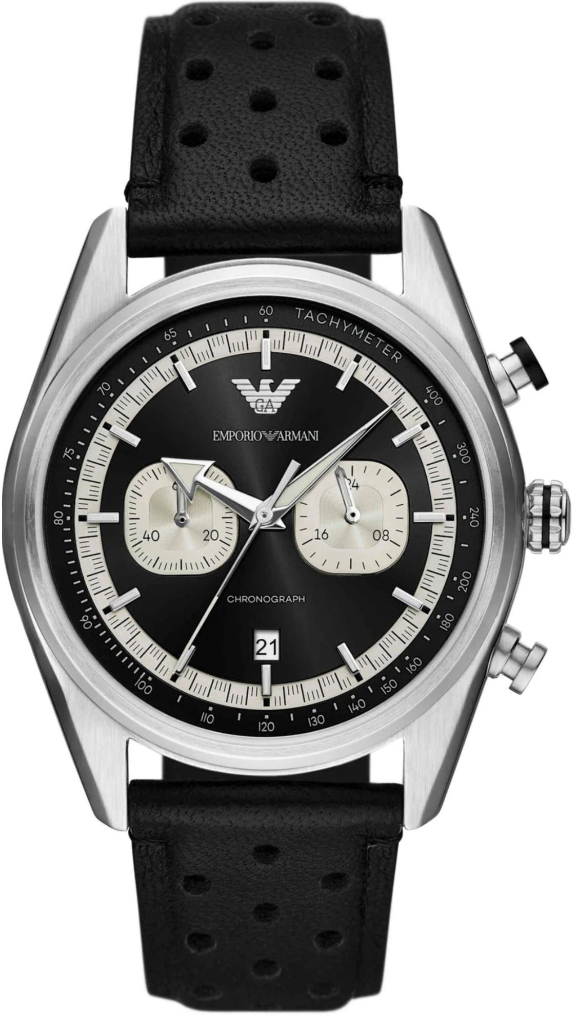 Emporio Armani Racer Chronograph Black Dial Black Leather Strap Watch for Men - AR11635
