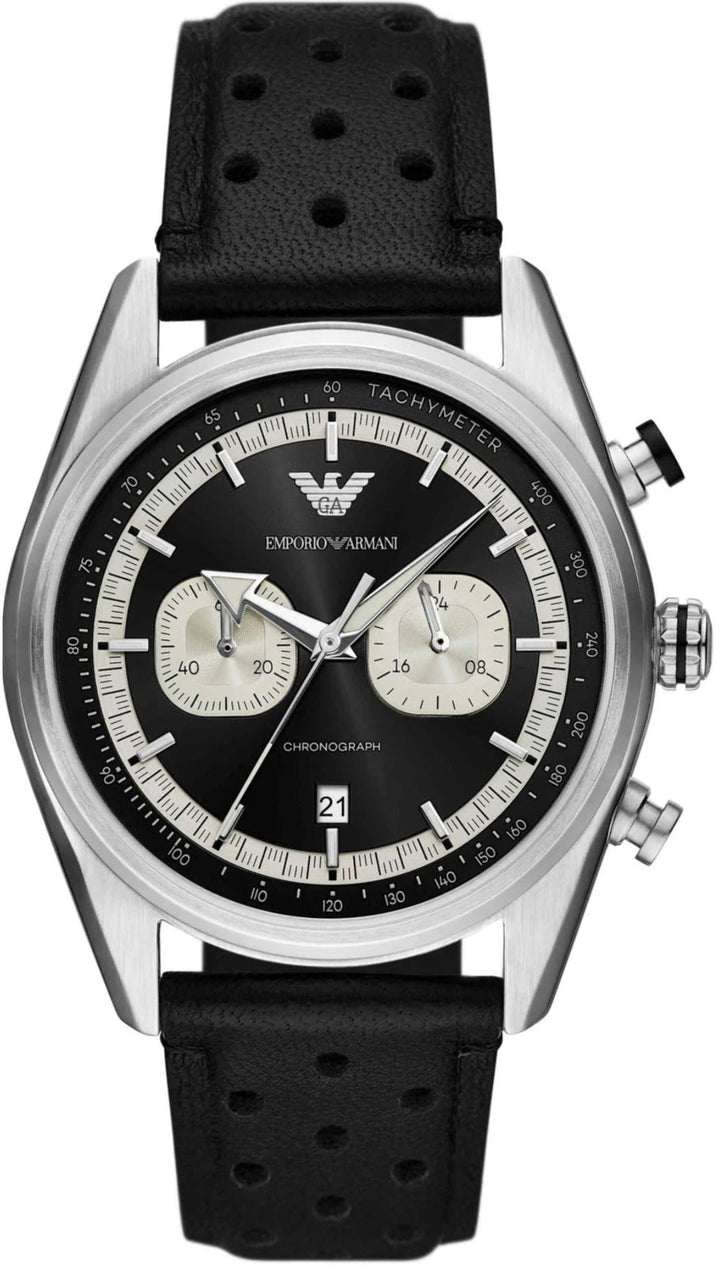 Emporio Armani Racer Chronograph Black Dial Black Leather Strap Watch for Men - AR11635
