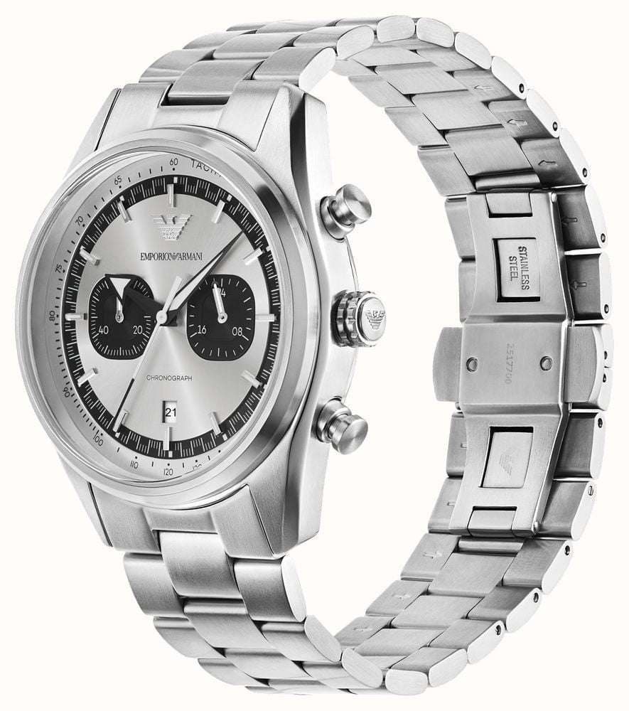 Emporio Armani Racer Chronograph Silver Dial Silver Steel Strap Watch for Men - AR11636