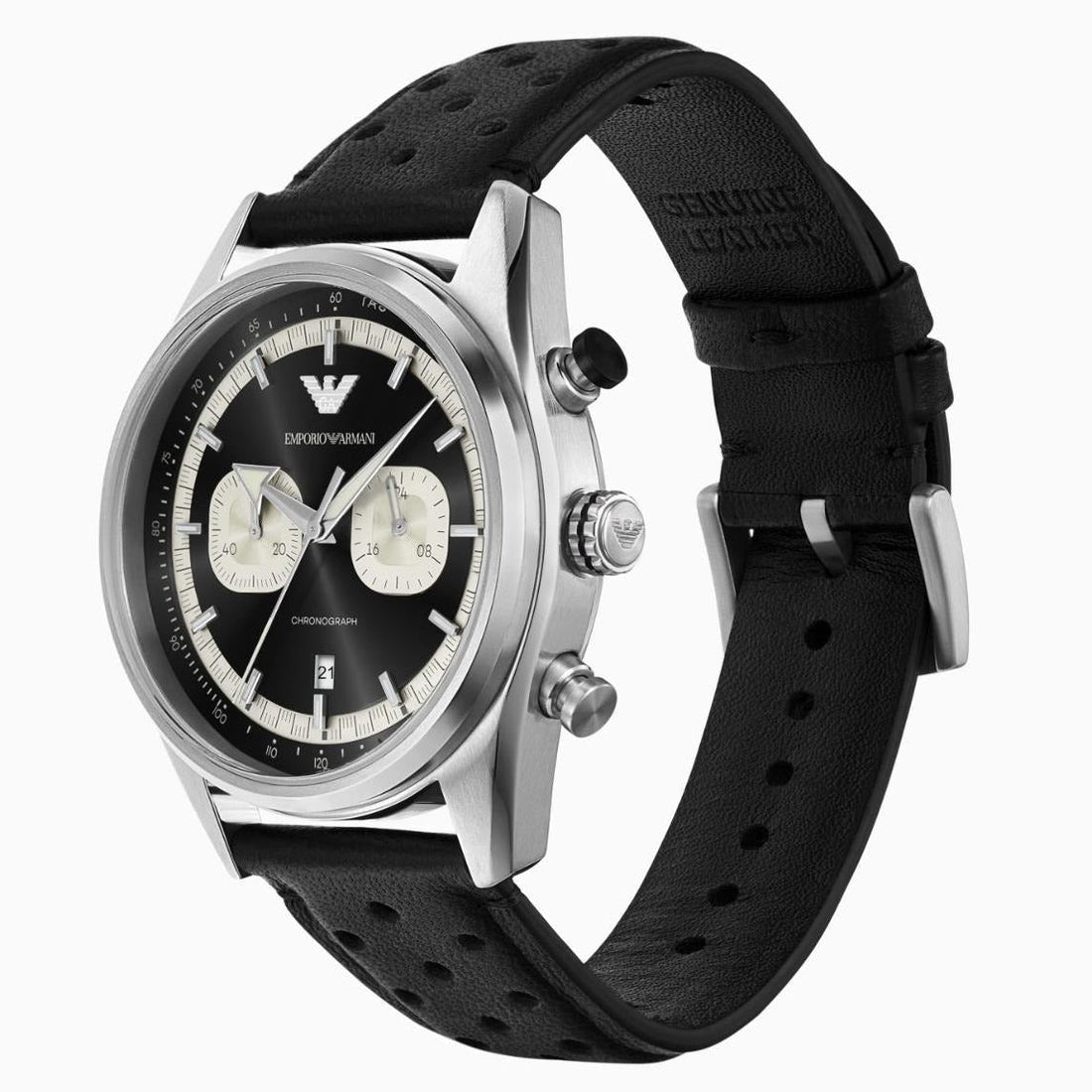 Emporio Armani Racer Chronograph Black Dial Black Leather Strap Watch for Men - AR11635