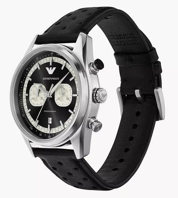 Emporio Armani Racer Chronograph Black Dial Black Leather Strap Watch for Men - AR11635