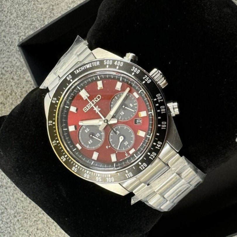 Seiko Prospex US Special Edition Speedtimer Solar Chronograph Red Dial Silver Steel Strap Watch for Men - SSC927