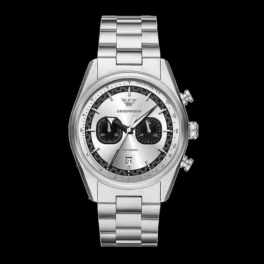 Emporio Armani Racer Chronograph Silver Dial Silver Steel Strap Watch for Men - AR11636