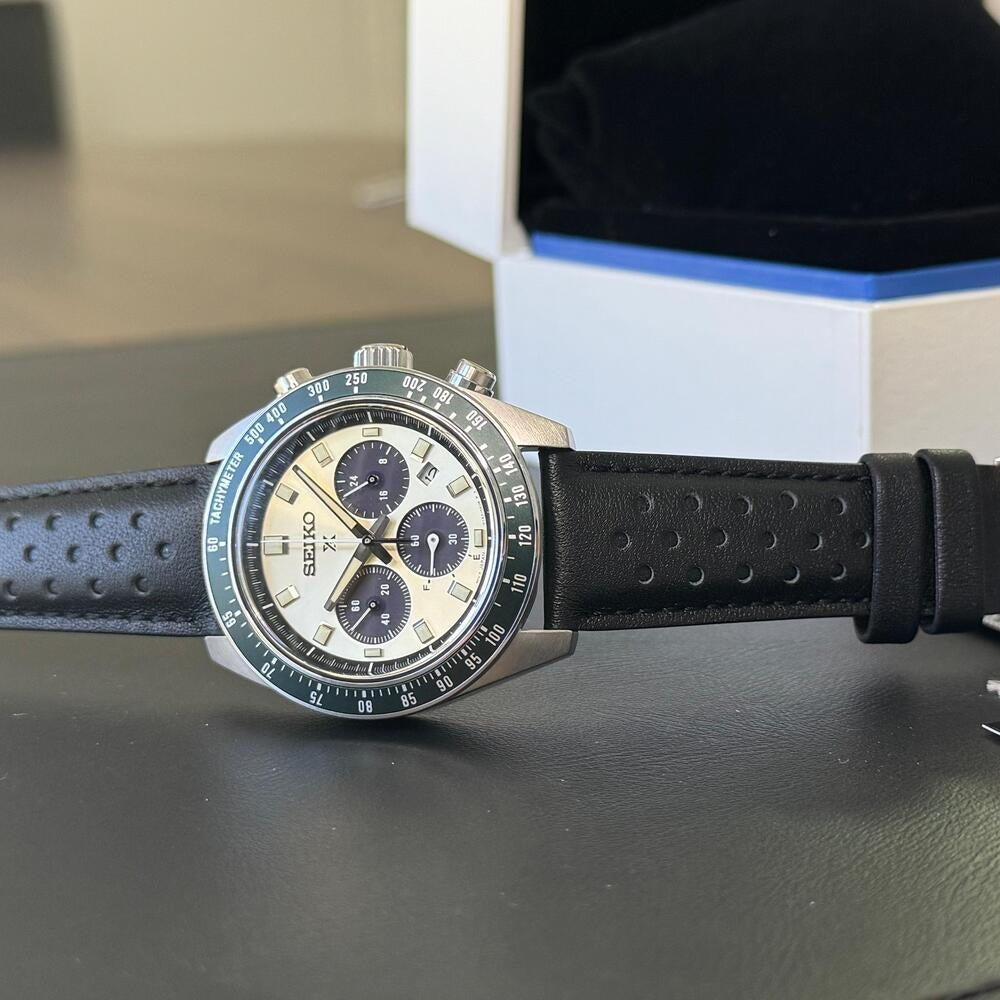 Seiko Prospex Speedtimer Solar Chronograph Ivory Dial Black Leather Strap Watch for Men - SSC943