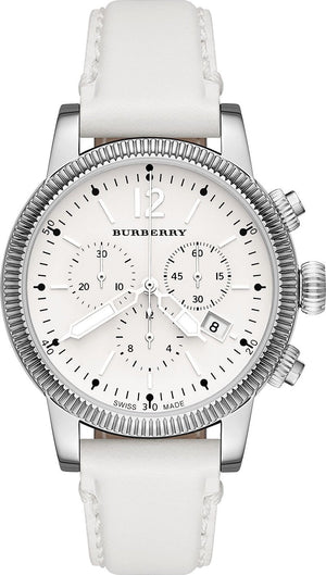 Burberry Utilitarian Chronograph White Dial White Leather Strap Watch for Women - BU7821