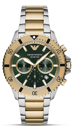 Emporio Armani Sea Explorer Chronograph Green Dial Two Tone Steel Strap Watch for Men - AR11586