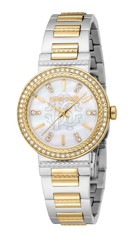 Just Cavalli Donna Glam Mother of Pearl White Dial Two Tone Steel Strap Watch for Women - RC5L098M0055