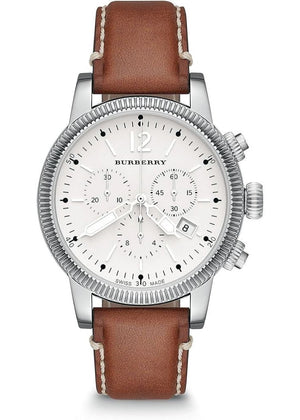 Burberry Utilitarian Chronograph White Dial Brown Leather Strap Watch for Men - BU7817