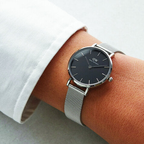 Daniel Wellington Petite Sterling Black Dial Silver Mesh Bracelet Watch For Women - DW00100218