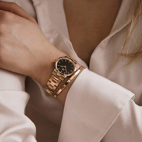 Daniel Wellington Iconic Link Analog Black Dial Rose Gold Steel Strap Watch For Women - DW00100214