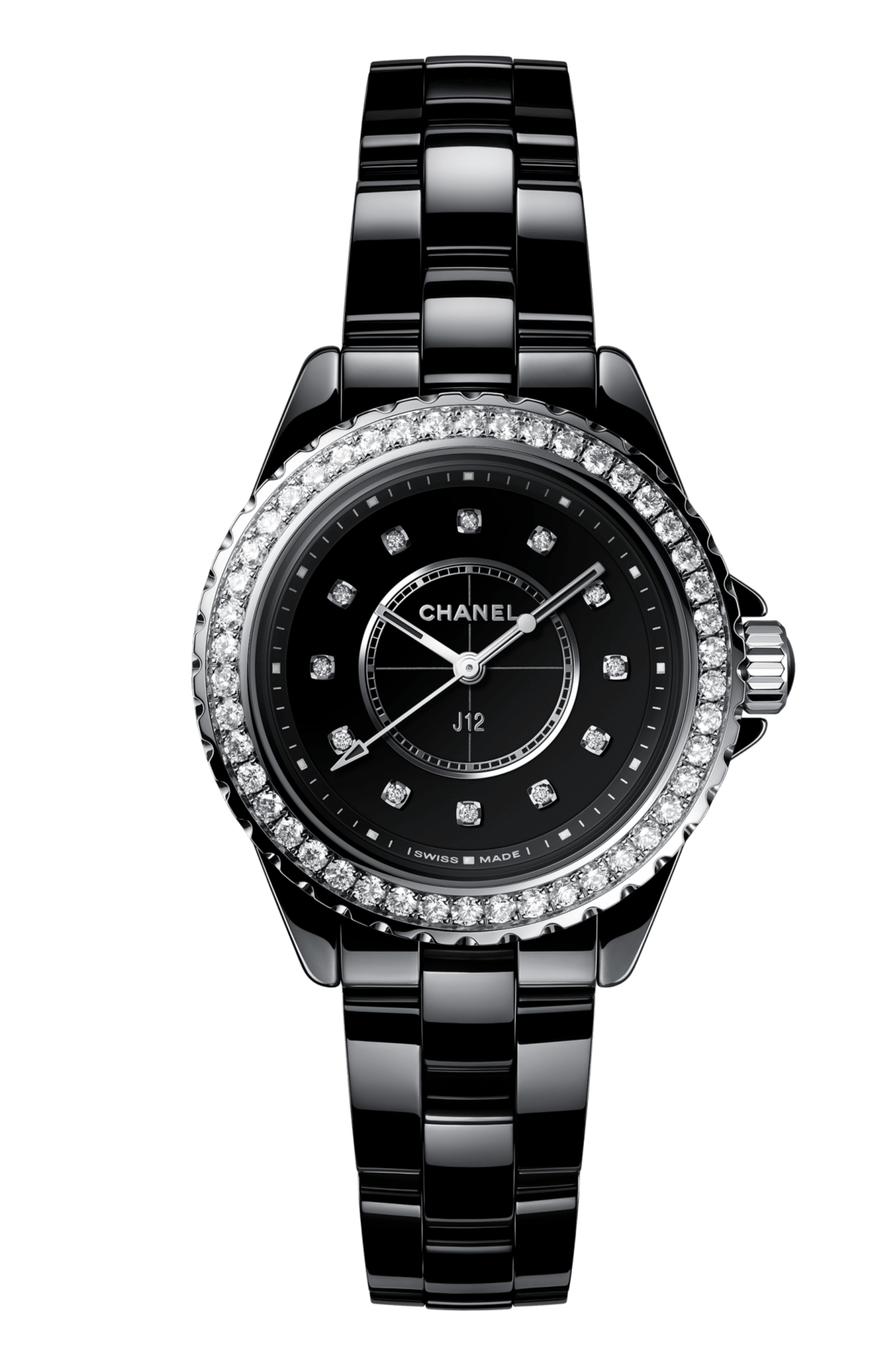 Chanel J12 Diamonds Ceramic Black Dial Black Steel Strap Watch for Women - J12 H3108