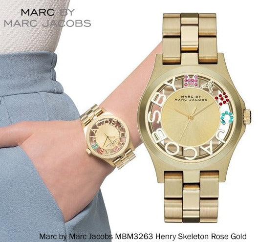 Marc Jacobs Henry Skeleton Gold Dial Gold Steel Strap Watch for Women - MBM3263