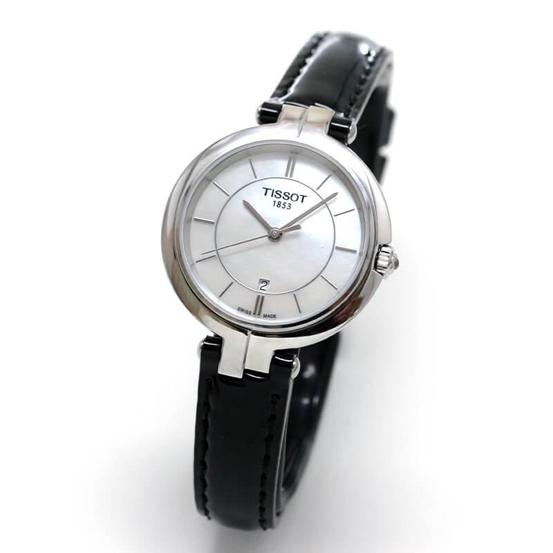 Tissot T Lady Flamingo Mother of Pearl White Dial Black Leather Strap Watch for Women - T094.210.16.111.00