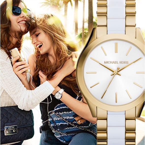 Michael Kors Slim Runway Quartz White Dial Two Tone Steel Strap Watch For Women - MK4295