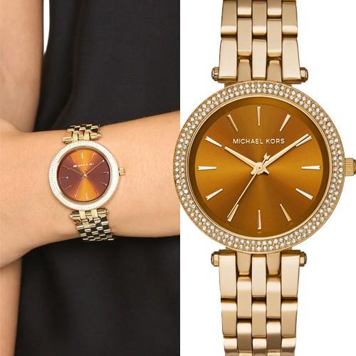 Michael Kors Darci Amber Dial Gold Steel Strap Watch for Women - MK3408