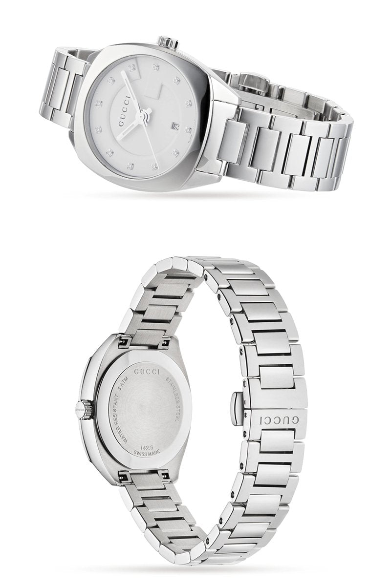 Gucci G Frame Quartz Diamonds Silver Dial Silver Steel Strap Watch For Women - YA142504