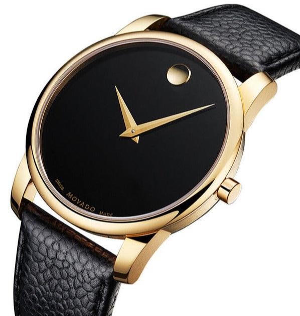 Movado Museum Black Dial Black Leather Strap Watch For Men - 0607014