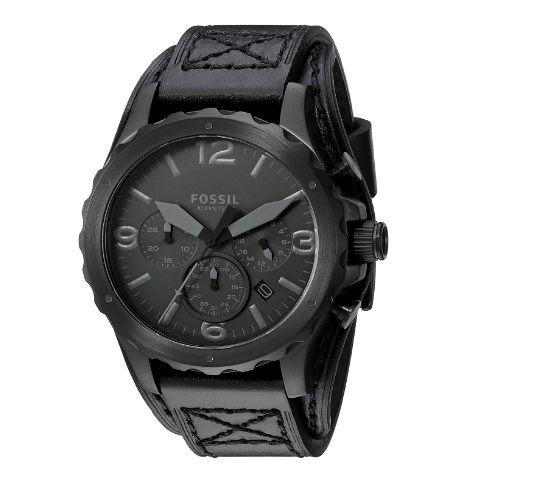 Fossil Nate Chronograph Black Dial Black Leather Strap Watch for Men - JR1510