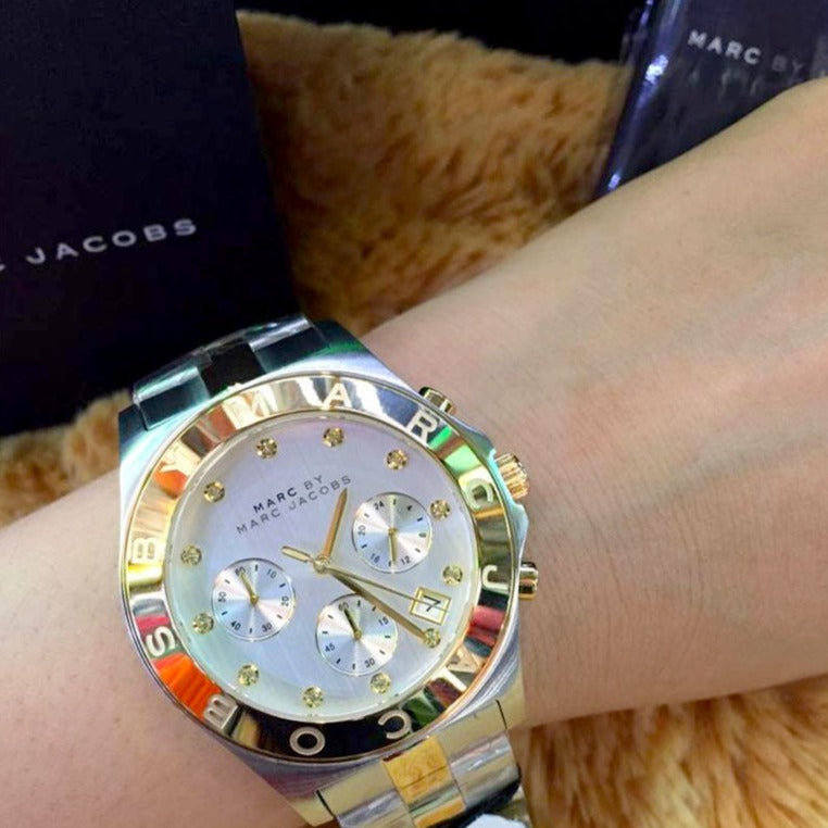 Marc Jacobs Blade Chronograph Silver Dial Two Tone Steel Strap Watch for Women - MBM3177