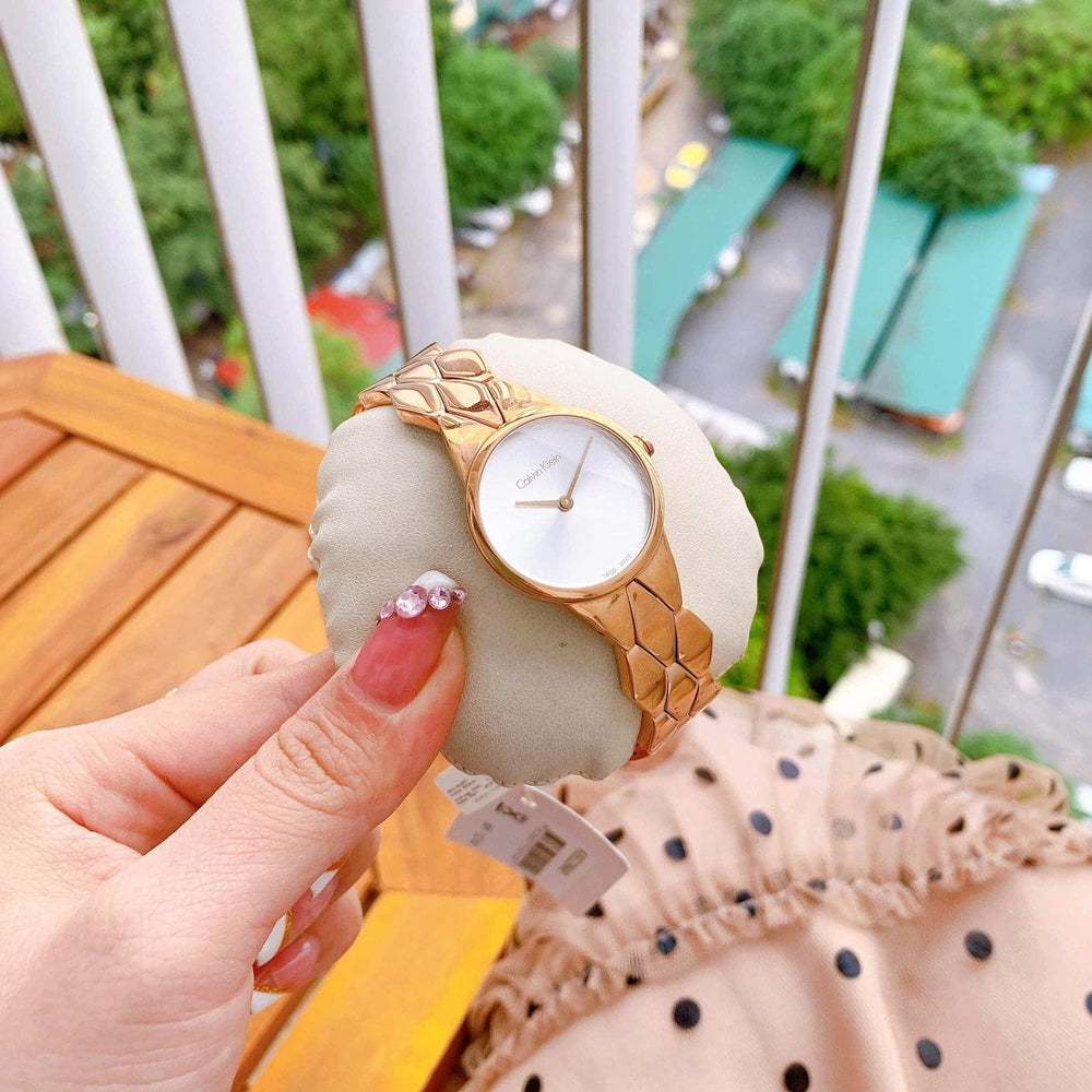 Calvin Klein Snake Silver Dial Rose Gold Steel Strap Watch For Women - K6E23646