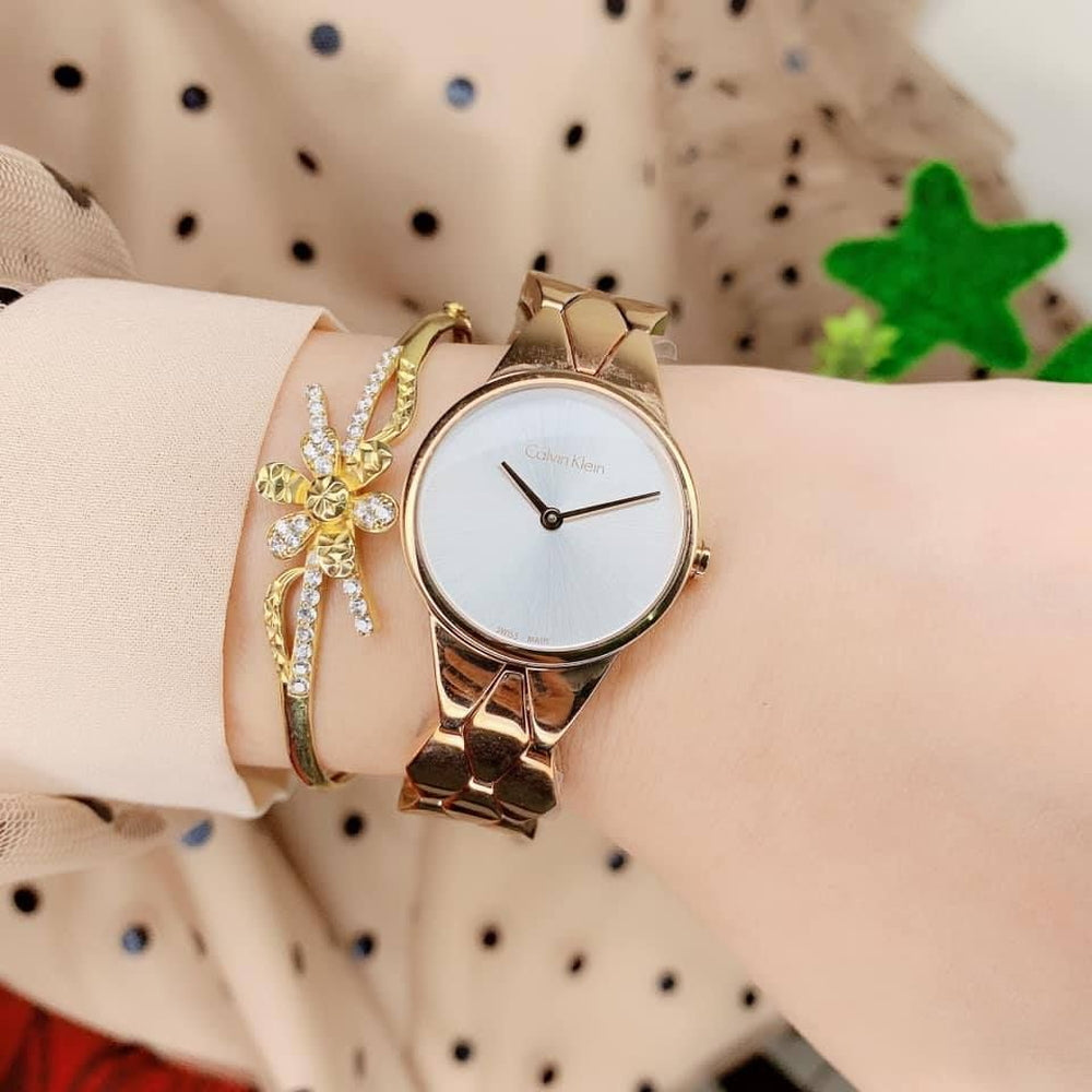 Calvin Klein Snake Silver Dial Rose Gold Steel Strap Watch For Women - K6E23646