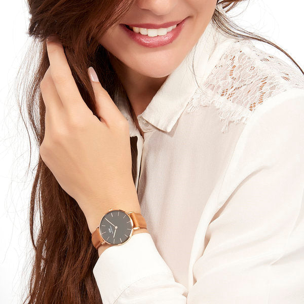 Daniel Wellington Classic Petite Durham Black Dial Brown Leather Strap Watch For Women - DW00100166