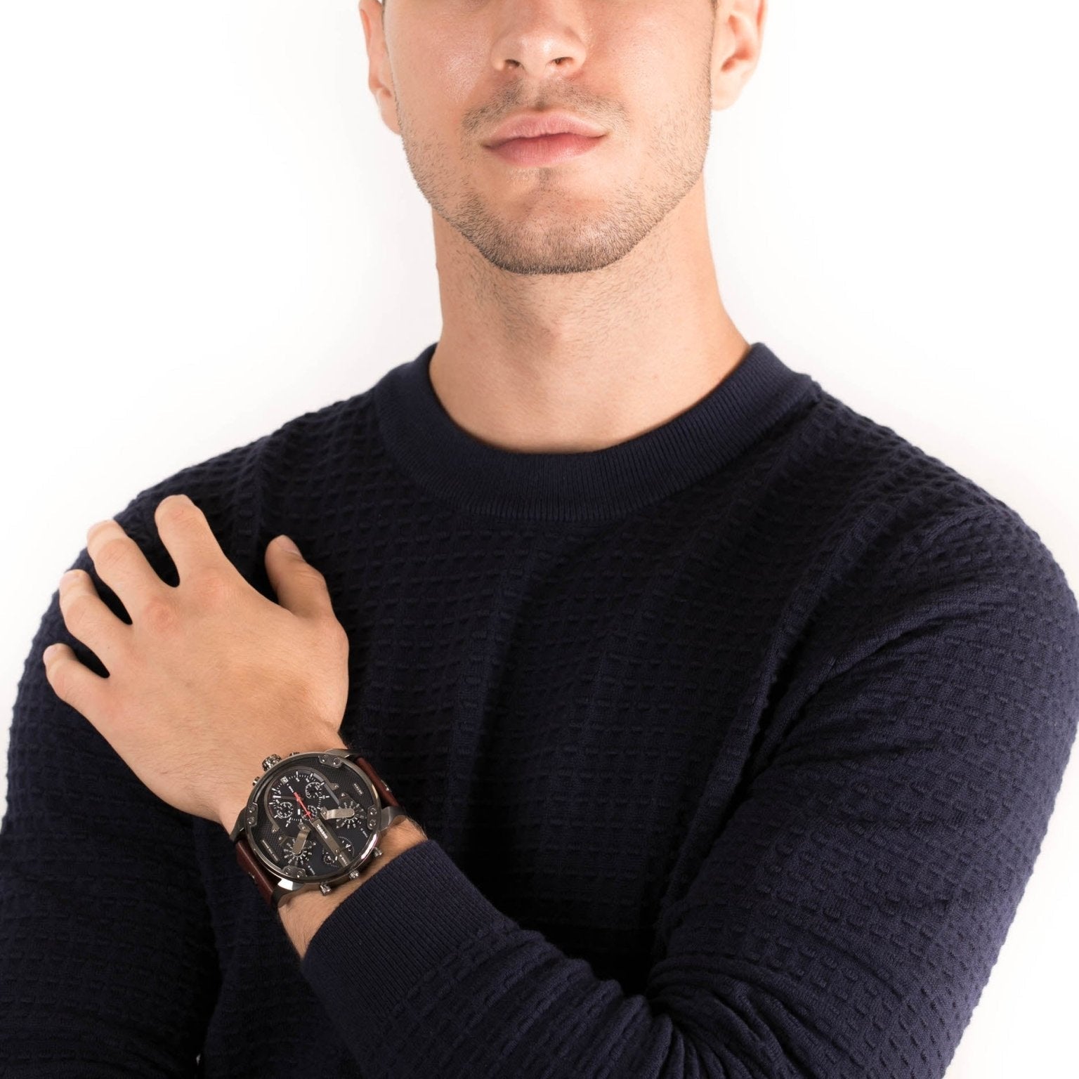 Diesel Mr Daddy Chronograph Blue Dial Brown Leather Strap Watch For Men - DZ7314