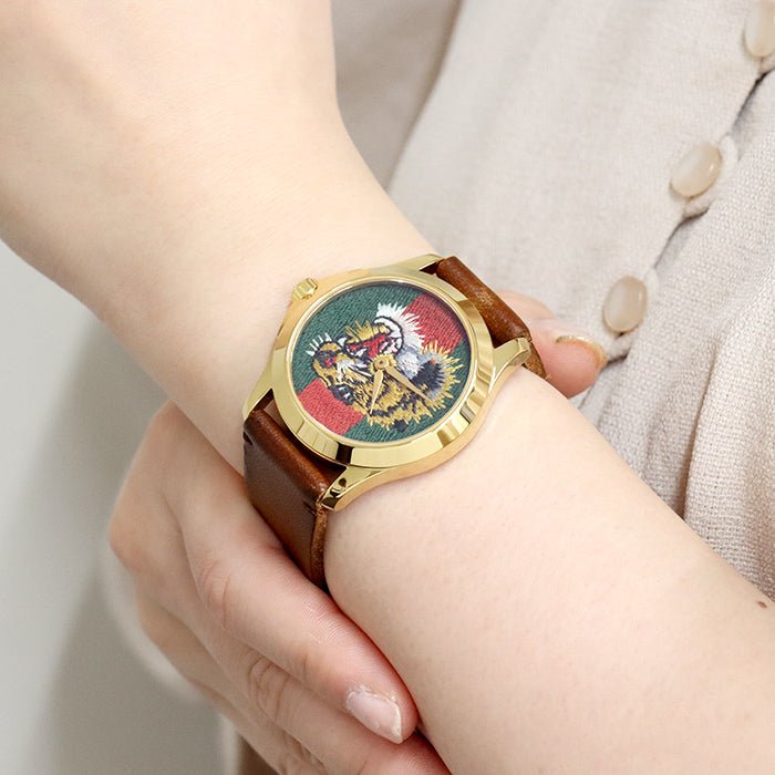 Gucci Le Marche Des Merveilles Red & Green Dial Brown Leather Strap Unisex Watch - YA126497