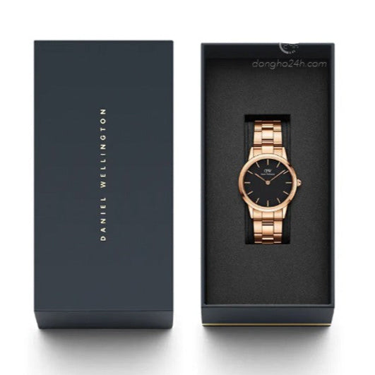 Daniel Wellington Iconic Link Black Dial Rose Gold Steel Strap Watch for Women - DW00100212